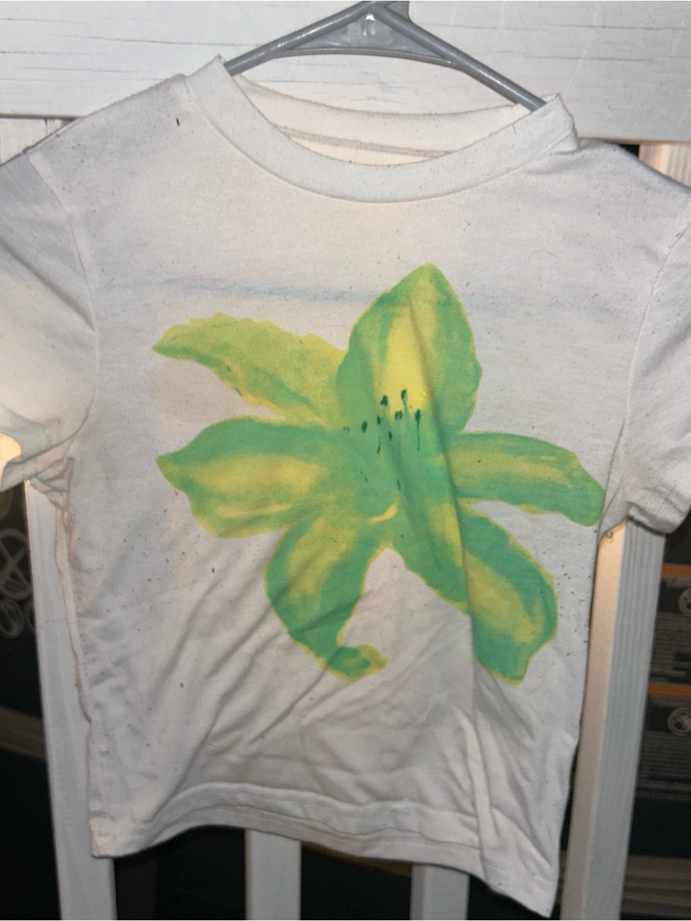 White T-Shirt with Green & Yellow Flower Graphic
